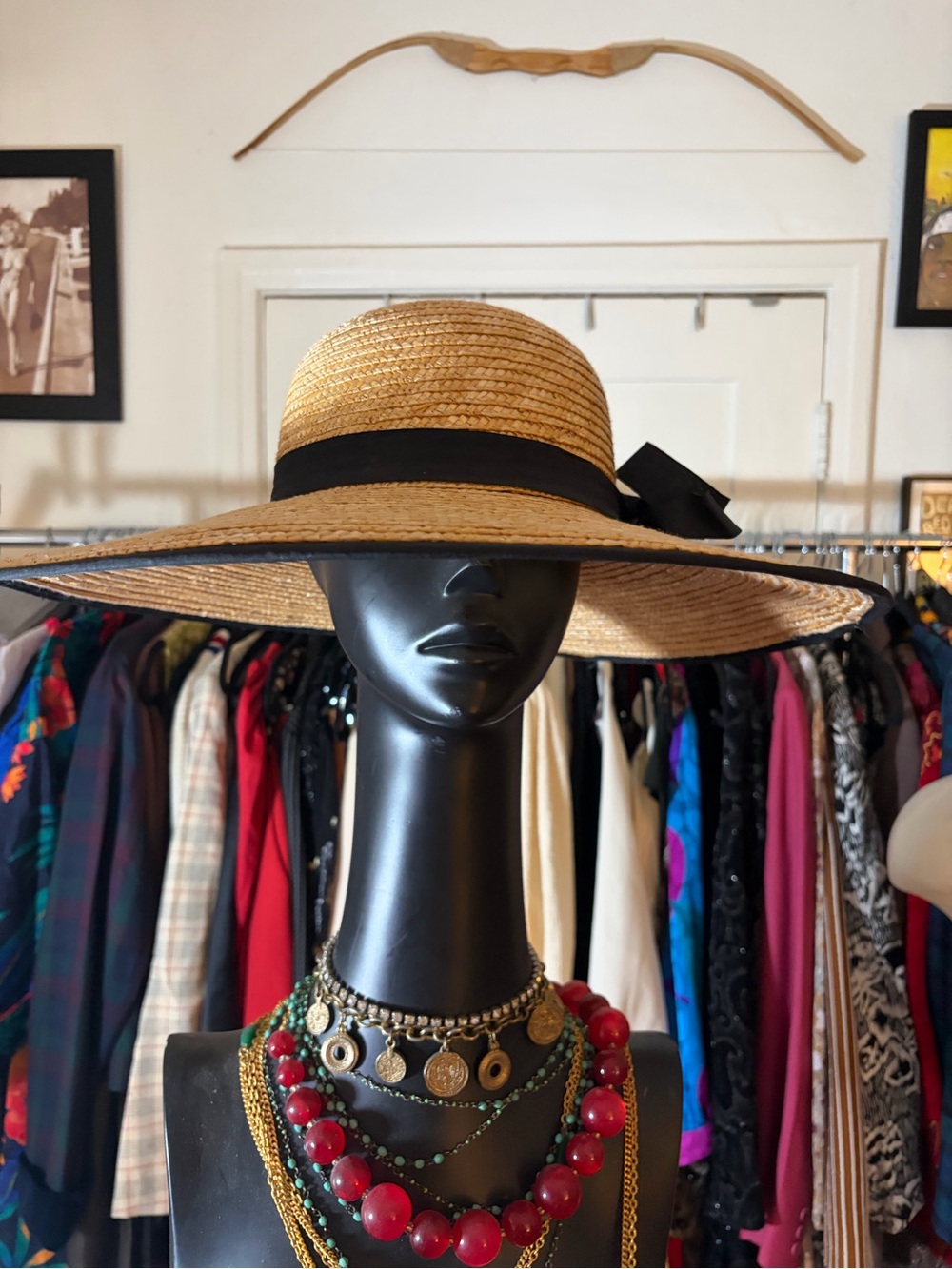 Wide Brim Straw Sun Hat with Black Ribbon Bow - Size XS Beach Vacation